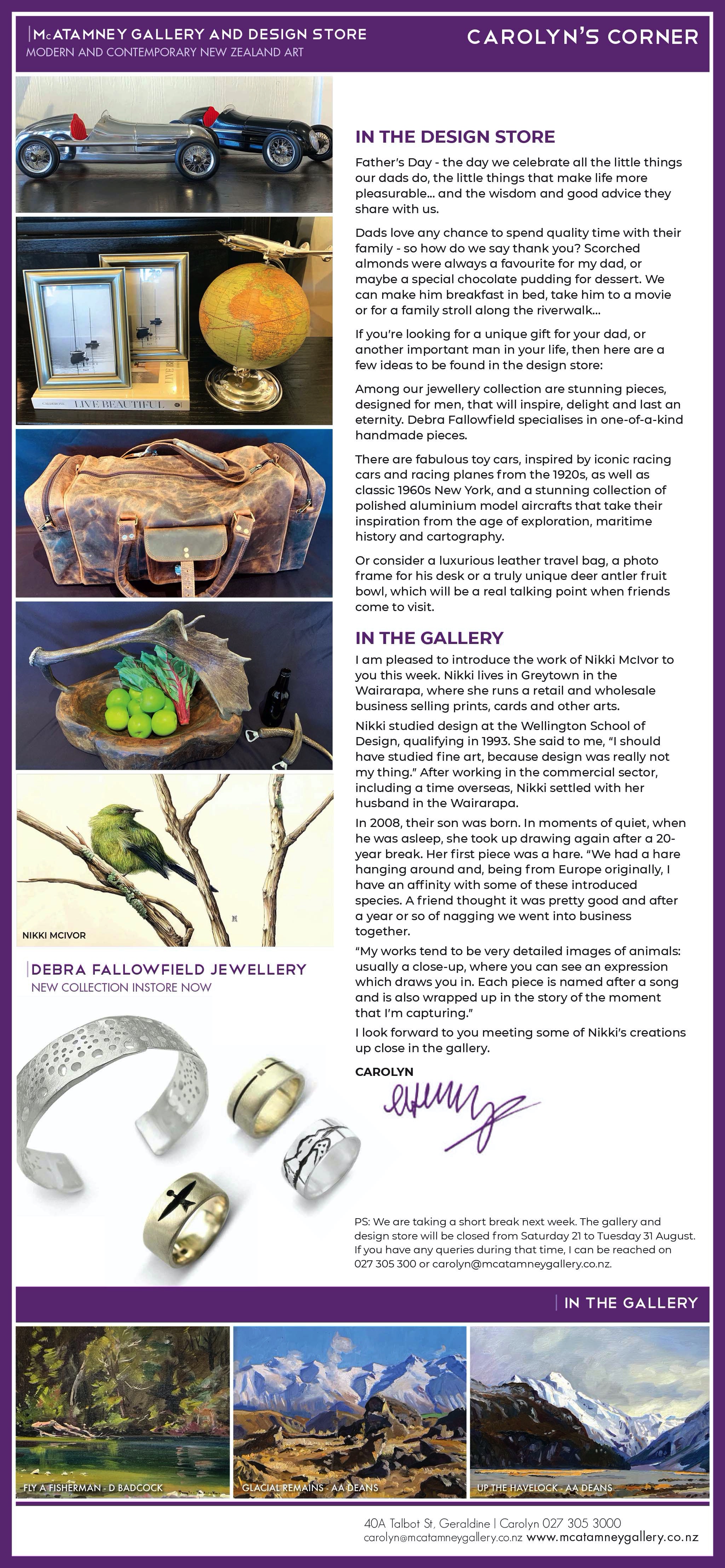 Carolyn's Corner | Geraldine News |  17-08-21 | McAtamney Gallery and Design Store | Geraldine  NZ